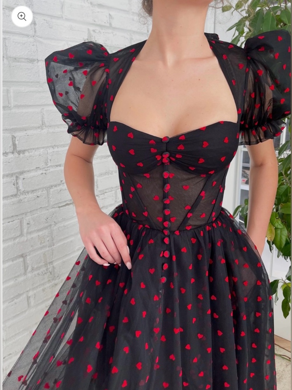 Black Tulle Midi Dress with Red Heart Accents